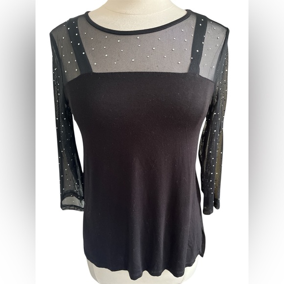 Cable & Gauge Tops - Cable & Gauge Black Blouse with Sheer top 3/4 Sleeves & Rhinestones Size small